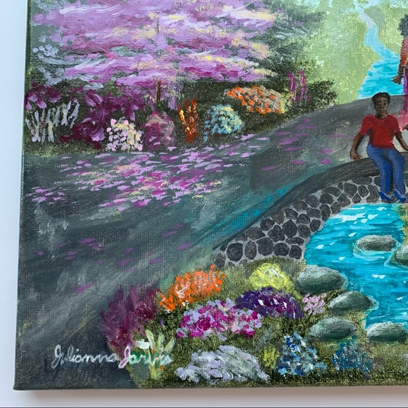 Original magical Garden painting colourful gloss varnished people bridge bunny - Picture 4 of 10